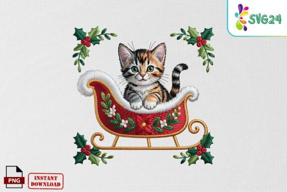 Christmas Cat Sleigh Embroidery PNG
