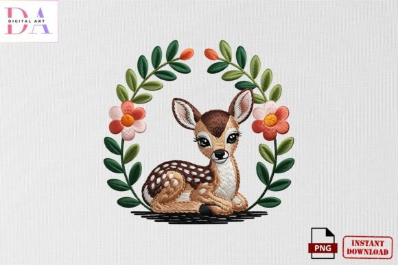 Cute Floral Deer Embroidery PNG