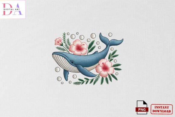 Floral Whale Embroidery Design PNG