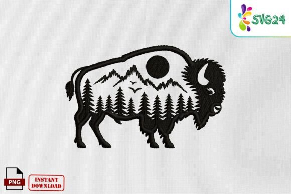 Wild Buffalo Nature Scene Embroidery PNG