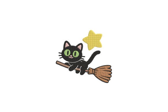 Witch Cat on Broom Embroidery